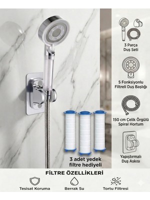 Plodna House Filtreli Beyaz Çelik 5 Fonksiyonlu Duş Başlığı Seti 3 Adet Yedek Filtre Hediyeli
