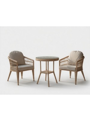 Monalin Home Garden Milano Kapuçino 2 Kişilik(1-1-Masa) Rattan Örgü Bahçe & Balkon & Teras Oturma Grubu Minderli & Camlı & Masalı Takım