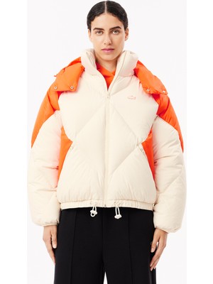 Lacoste Kadın Oversize Fit Kapüşonlu Renk Bloklu Krem Şişme Mont