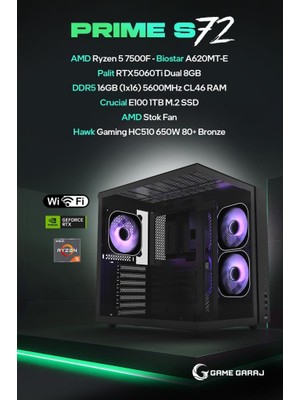 Game Garaj Prime S72 Amd R5 7500F 16GB Ram 1tb SSD RTX5060TI 8gb Freedos Oyuncu Oem Paket