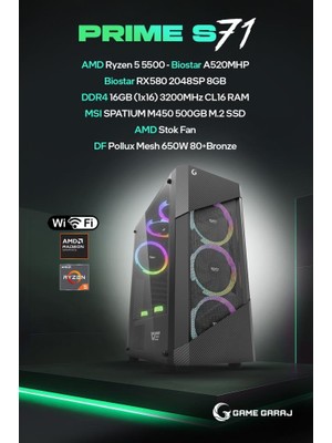 Game Garaj Prime S71 Amd R5 5500 16GB Ram 500GB SSD RX580 Freedos Oyuncu Oem Paket