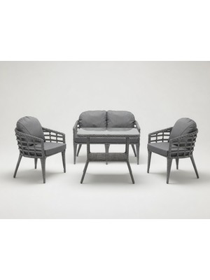 Monalin Home Garden Venedik Gri 4 Kişilik(2-1-1-Masa) Rattan Örgü Bahçe & Balkon & Teras Oturma Grubu Minderli & Camlı & Masalı Takım