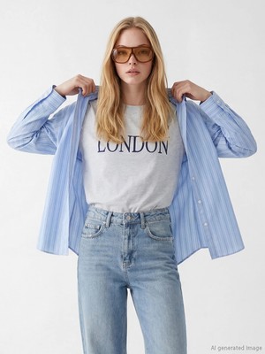 LC Waikiki Gri Bisiklet Yaka London Nakışlı Kadın Tişört