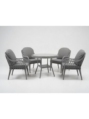Monalin Home Garden Alaçatı Gri 4 Kişilik(1-1-1-1-Masa) Rattan Örgü Bahçe & Balkon & Teras Masa Sandalye Takımı