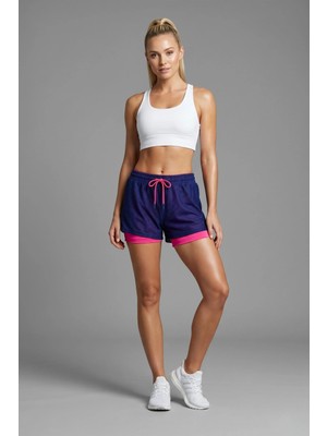 Odelon Kadın Taytlı Fileli Spor Şort Lacivert-Fuşya