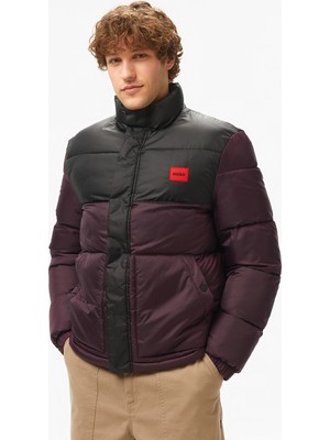 Hugo Water-Repellent Puffer Jacket With Red Logo Label Erkek Mor Mont