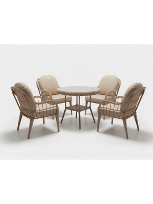 Monalin Home Garden Sidney Kapuçino 4 Kişilik(1-1-1-1-Masa) Rattan Örgü Bahçe & Balkon & Teras Masa Sandalye Takımı