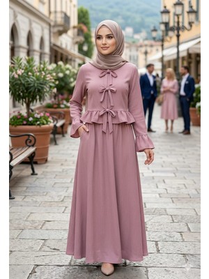 Zerogaprise Kadın Hırka Fiyonk Eteği Fırfırlı Boydan Tesettür Elbise