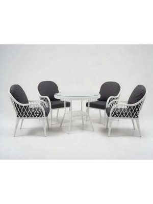 Monalin Home Garden Alaçatı Beyaz 4 Kişilik(1-1-1-1-Masa) Rattan Örgü Bahçe & Balkon & Teras Masa Sandalye Takımı