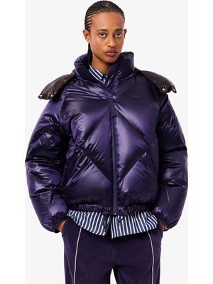 Lacoste Kadın Oversize Fit Kapüşonlu Kapitone Mor Mont