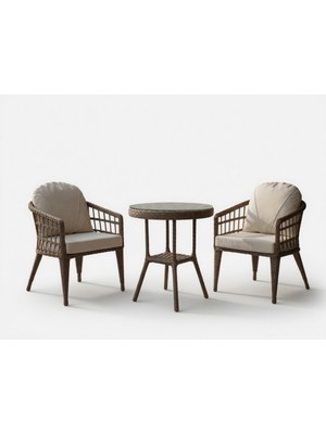 Monalin Home Garden Milano Kahverengi 2 Kişilik(1-1-Masa) Rattan Örgü Bahçe & Balkon & Teras Oturma Grubu Minderli & Camlı & Masalı Takım