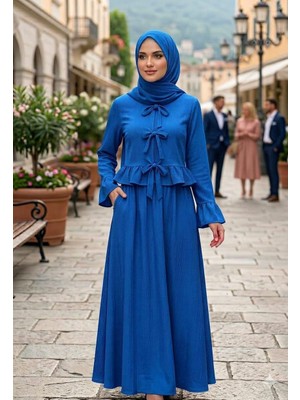 Zerogaprise Kadın Hırka Fiyonk Eteği Fırfırlı Boydan Tesettür Elbise