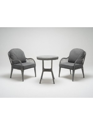 Monalin Home Garden Alaçatı Gri 2 Kişilik(1-1-Masa) Rattan Örgü Bahçe & Balkon & Teras Oturma Grubu Minderli & Camlı & Masalı Takım