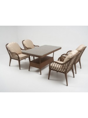 Monalin Home Garden Alaçatı Kahverengi 4 KIŞILIK(1-1-1-1-MASA(80*140)) Rattan Örgü Bahçe & Balkon & Teras Masa Sandalye Takımı