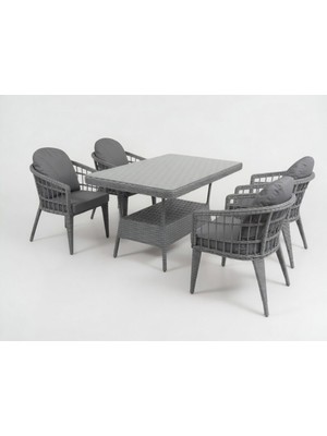 Monalin Home Garden Milano Gri 4 KIŞILIK(1-1-1-1-MASA(80*140)) Rattan Örgü Bahçe & Balkon & Teras Masa Sandalye Takımı