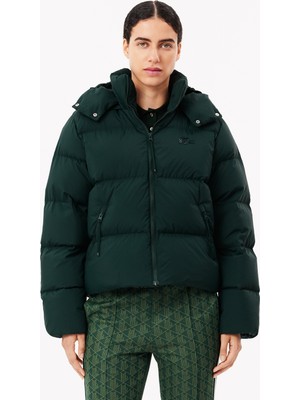 Lacoste Kadın Relaxed Fit Kapüşonlu Koyu Yeşil Şişme Mont
