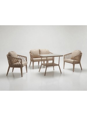 Monalin Home Garden Bodrum Kapuçino 4 Kişilik(2-1-1-Masa) Rattan Örgü Bahçe & Balkon & Teras Oturma Grubu Minderli & Camlı & Masalı Takım