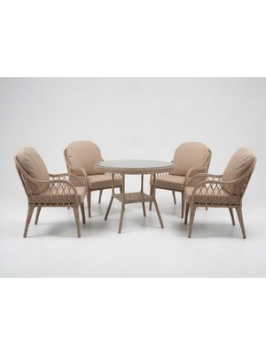 Monalin Home Garden Alaçatı Kapuçino 4 Kişilik(1-1-1-1-Masa) Rattan Örgü Bahçe & Balkon & Teras Masa Sandalye Takımı