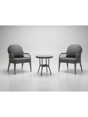 Monalin Home Garden Sidney Gri 2 Kişilik(1-1-Masa) Rattan Örgü Bahçe & Balkon & Teras Oturma Grubu Minderli & Camlı & Masalı Takım