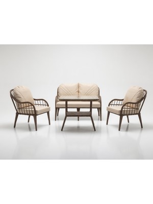 Monalin Home Garden Sidney Kahverengi 4 Kişilik(2-1-1-Masa) Rattan Örgü Bahçe & Balkon & Teras Oturma Grubu Minderli & Camlı & Masalı Takım