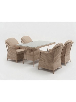 Monalin Home Garden Napoli Kapuçino 4 KIŞILIK(1-1-1-1-MASA(80*140)) Rattan Örgü Bahçe & Balkon & Teras Masa Sandalye Takımı