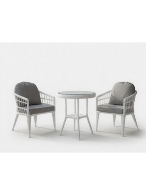 Monalin Home Garden Milano Beyaz 2 Kişilik(1-1-Masa) Rattan Örgü Bahçe & Balkon & Teras Oturma Grubu Minderli & Camlı & Masalı Takım