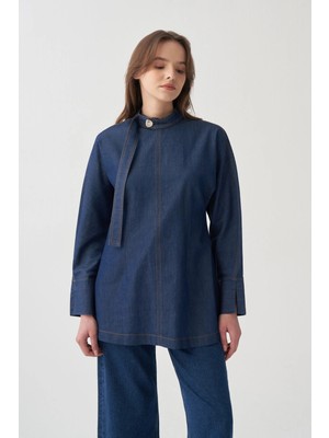ALLDAY Mavi-Yakası Kuşak Detaylı Denim Bluz