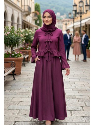 Zerogaprise Kadın Hırka Fiyonk Eteği Fırfırlı Boydan Tesettür Elbise