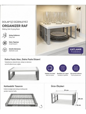 Deyhome Dolap Içi Düzenleyici Organizer Raf Katlanabilir Mutfak Tabak Bardak Rafı 31X28X16 cm