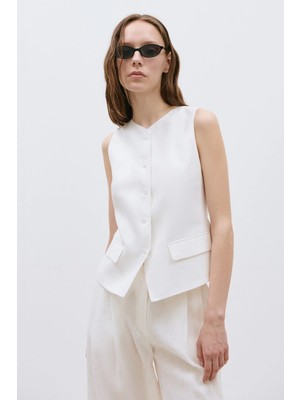 Suud Collection Beyaz Nora %100 Keten Yelek