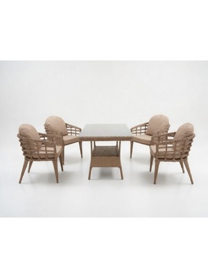 Monalin Home Garden Venedik Kapuçino 4 KIŞILIK(1-1-1-1-MASA(80*140)) Rattan Örgü Bahçe & Balkon & Teras Masa Sandalye Takımı