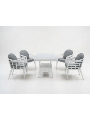 Monalin Home Garden Venedik Beyaz 4 KIŞILIK(1-1-1-1-MASA(80*140)) Rattan Örgü Bahçe & Balkon & Teras Masa Sandalye Takımı