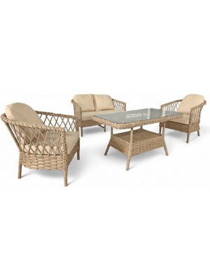 Monalin Home Garden Miami Kapuçino 4 Kişilik(2-1-1-Masa) Rattan Örgü Bahçe & Balkon & Teras Oturma Grubu Minderli & Camlı & Masalı Takım
