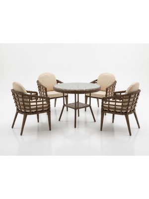 Monalin Home Garden Venedik Kahverengi 4 Kişilik(1-1-1-1-Masa) Rattan Örgü Bahçe & Balkon & Teras Masa Sandalye Takımı