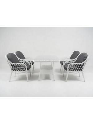 Monalin Home Garden Alaçatı Beyaz 4 KIŞILIK(1-1-1-1-MASA(80*140)) Rattan Örgü Bahçe & Balkon & Teras Masa Sandalye Takımı