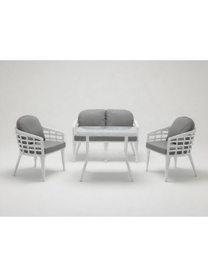 Monalin Home Garden Venedik Beyaz 4 Kişilik(2-1-1-Masa) Rattan Örgü Bahçe & Balkon & Teras Oturma Grubu Minderli & Camlı & Masalı Takım