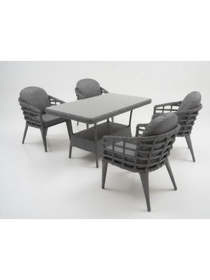 Monalin Home Garden Venedik Gri 4 KIŞILIK(1-1-1-1-MASA(80*140)) Rattan Örgü Bahçe & Balkon & Teras Masa Sandalye Takımı