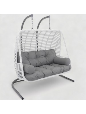 Monalin Mobilya Kudüs Classic Rattan Beyaz El Örgüsü Bahçe & Balkon & Teras Çift Kişilik Salıncak