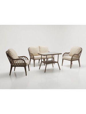 Monalin Home Garden Alaçatı Kahverengi 4 Kişilik(2-1-1-Masa) Rattan Örgü Bahçe & Balkon & Teras Oturma Grubu Minderli & Camlı & Masalı Takım