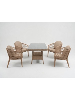 Monalin Home Garden Bodrum Kapuçino 4 KIŞILIK(1-1-1-1-MASA(80*140)) Rattan Örgü Bahçe & Balkon & Teras Masa Sandalye Takımı