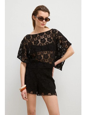 Love My Body  Moda Tutkusu Brodeli Kolsuz Bluz Siyah 115M2355000