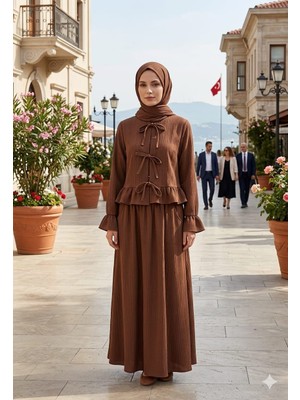 Zerogaprise Kadın Hırka Fiyonk Eteği Fırfırlı Boydan Tesettür Elbise