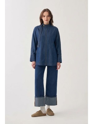 ALLDAY Açık Mavi-Yakası Kuşak Detaylı Denim Bluz
