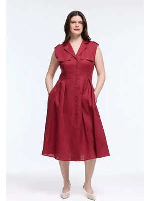 Love My Body Keten Cep Detaylı Midi Elbise Bordo 124L8947003