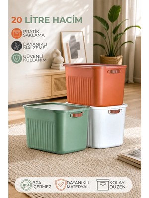 Nandy Home 3'lü Set Kapaklı Çok Amaçlı Saklama Kutusu 20 Litre – Deri Görünümlü Kulplu, Dayanıklı Tasarım 3 Renk