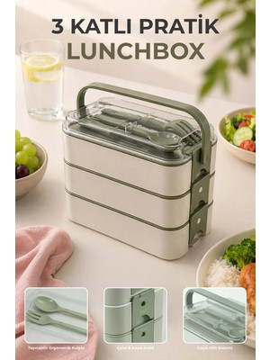 Nandy Home 3 Katlı Bölmeli Lunchbox - Kilitli - Taşıma Saplı - Kaşık & Çatal Dahil