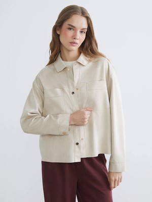 LC Waikiki Beyaz Oversize Süet Görünümlü Kadın Gömlek