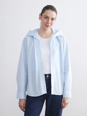 LC Waikiki Mavi Kapüşonlu Oversize Kadın Gömlek