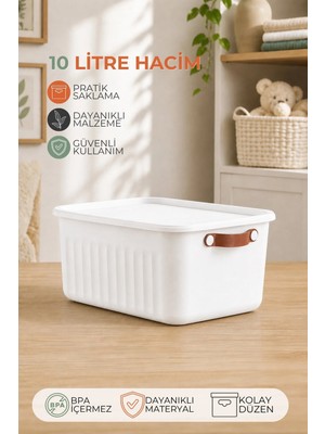 Nandy Home Kapaklı Çok Amaçlı Saklama Kutusu 10 Litre – Deri Görünümlü Kulplu, Dayanıklı Tasarım