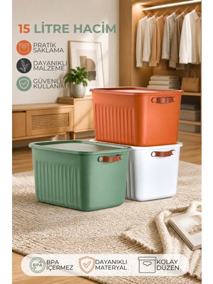 Nandy Home 3'lü Set Kapaklı Çok Amaçlı Saklama Kutusu 15 Litre – Deri Görünümlü Kulplu, Dayanıklı Tasarım 3 Renk